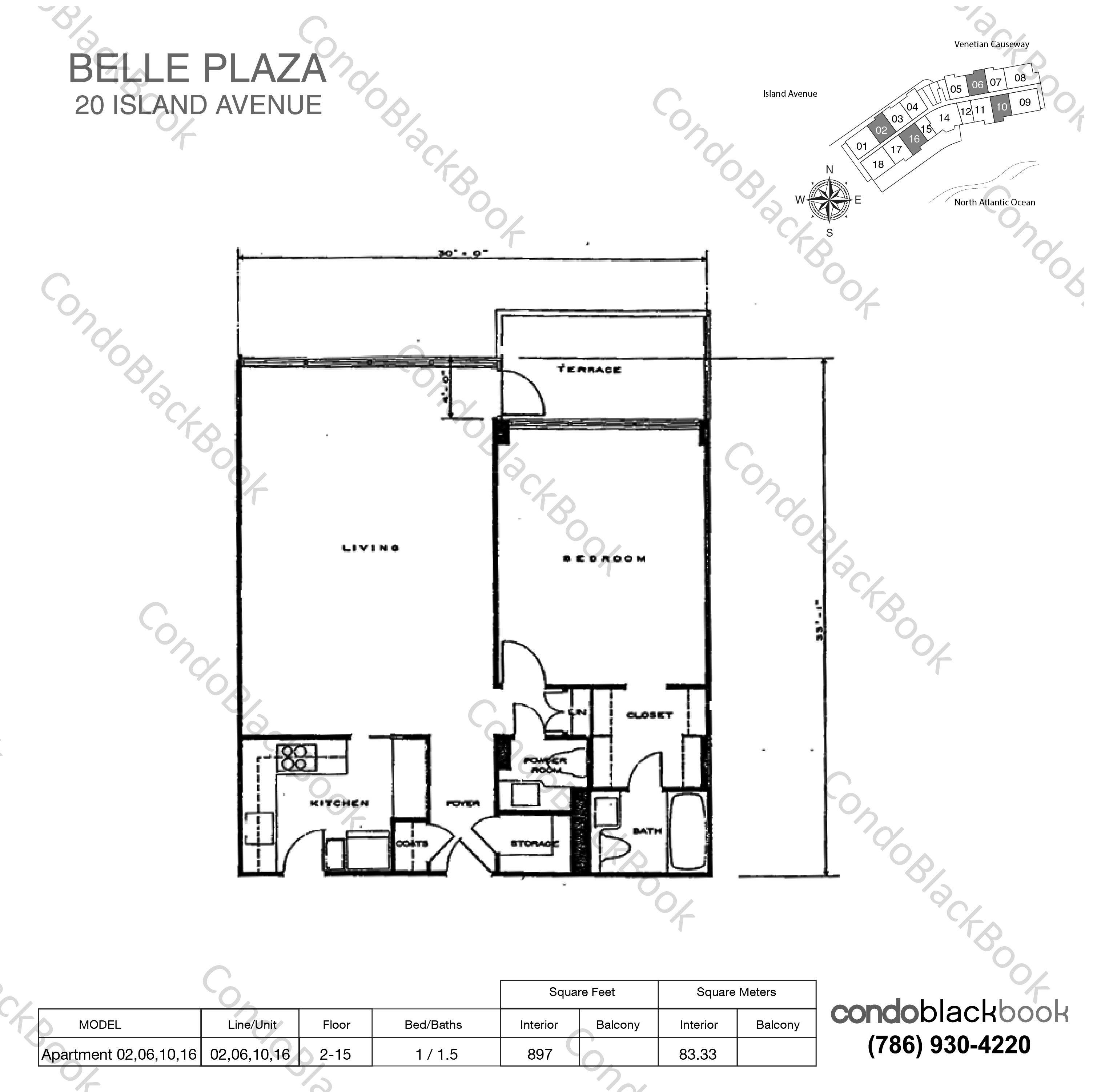 Floor plan for Belle Plaza Venetian Islands Miami Beach, model Apartment 02,06,10,16, line 02,06,10,16, 1 / 1.5 bedrooms, 897 sq ft