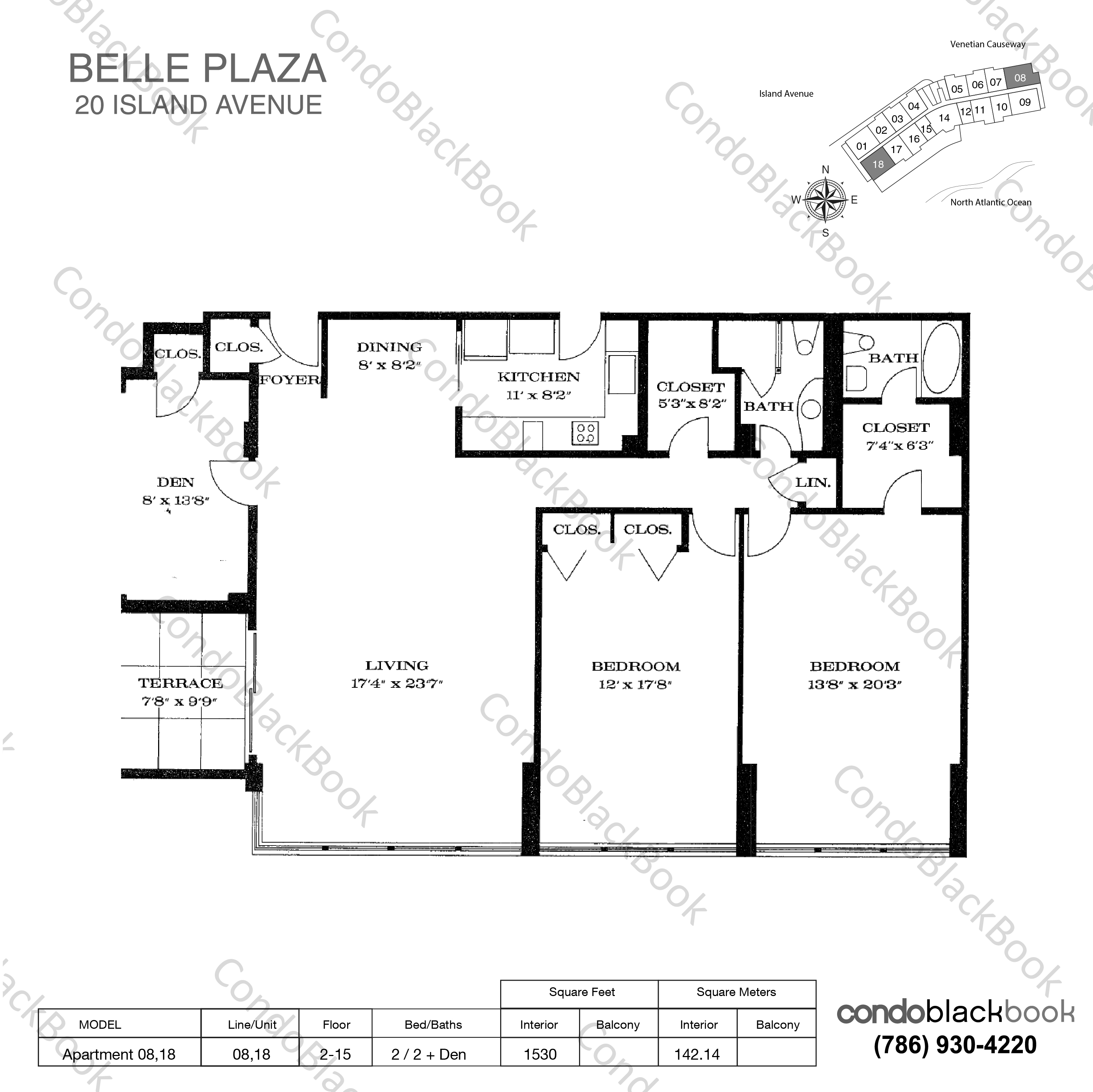 Floor plan for Belle Plaza Venetian Islands Miami Beach, model Apartment 08,18, line 08,18, 2 / 2 + Den bedrooms, 1530 sq ft
