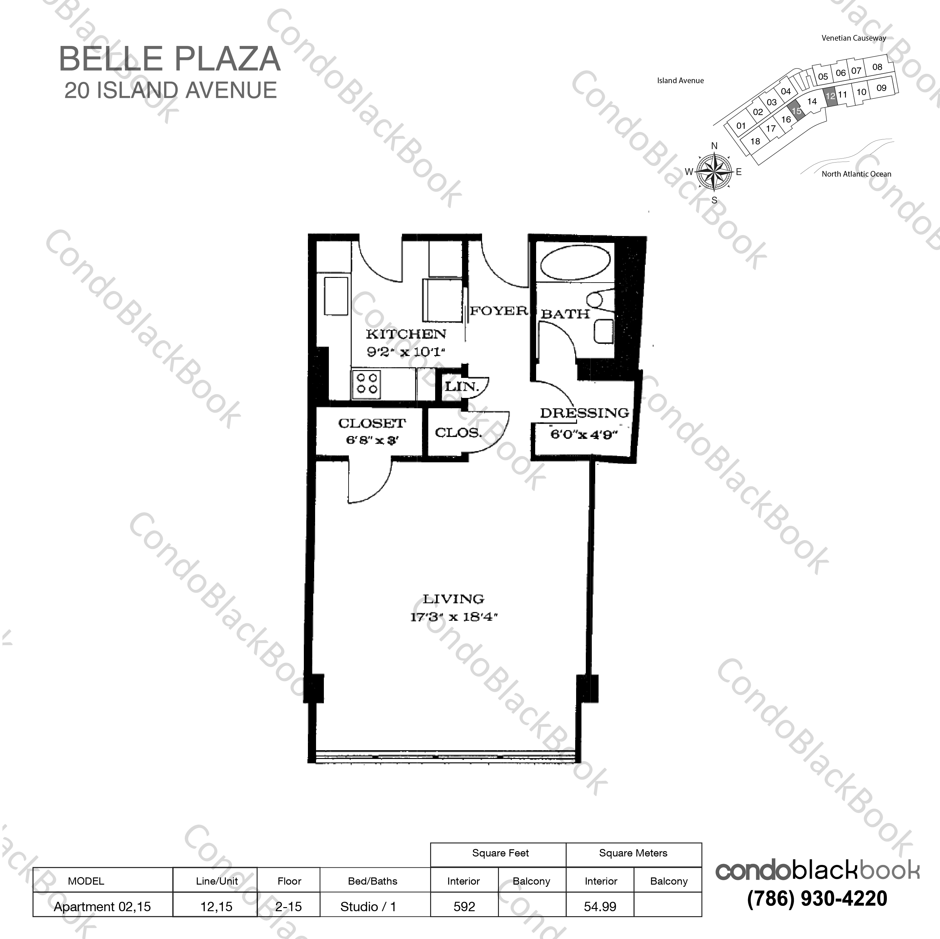 Floor plan for Belle Plaza Venetian Islands Miami Beach, model Apartment 02,15, line 12,15, Studio / 1 bedrooms, 592 sq ft