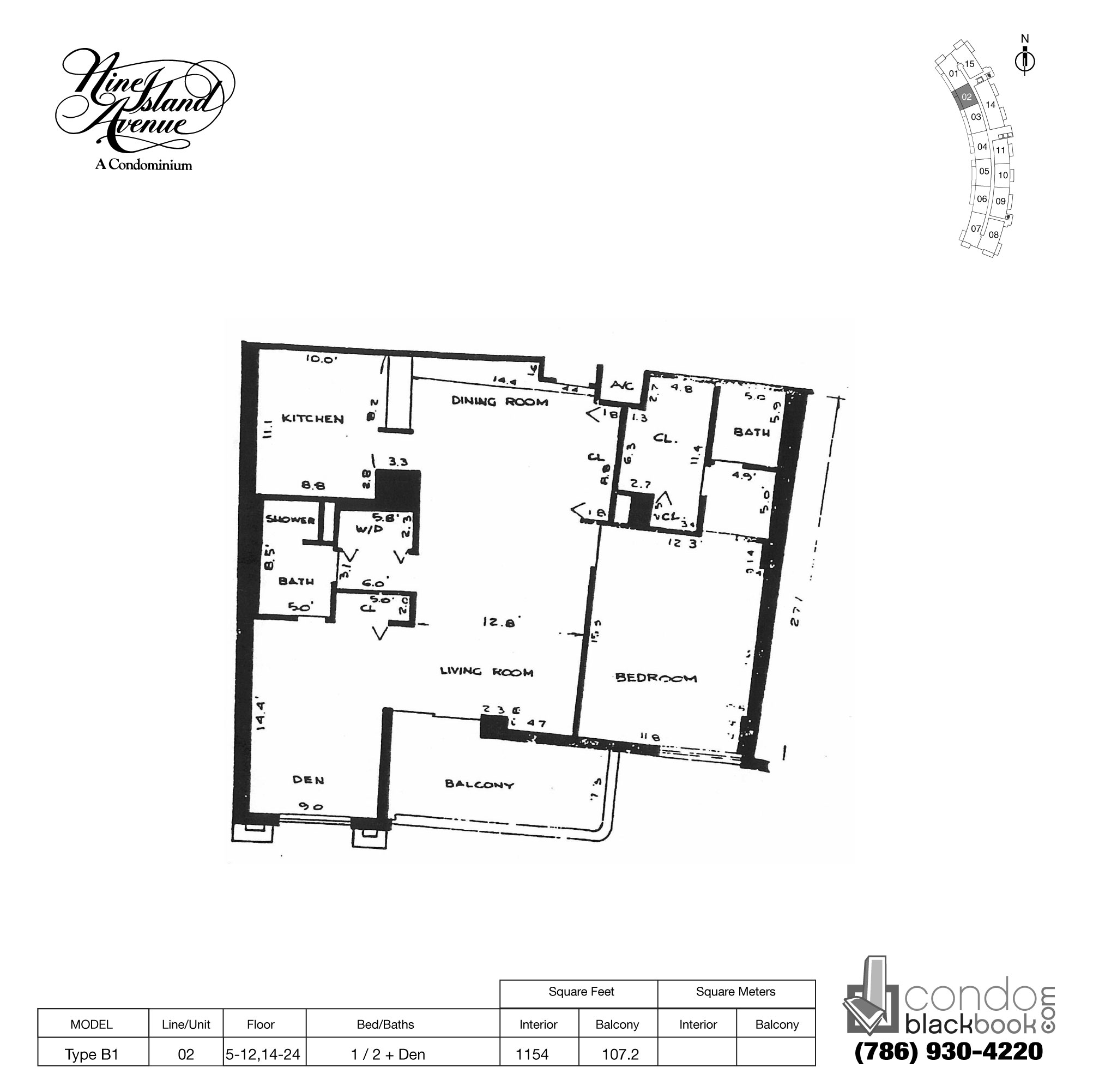 Floor plan for Nine Island Avenue Venetian Islands Miami Beach, model Type B1, line 02, 1 / 2 + Den bedrooms, 1154 sq ft