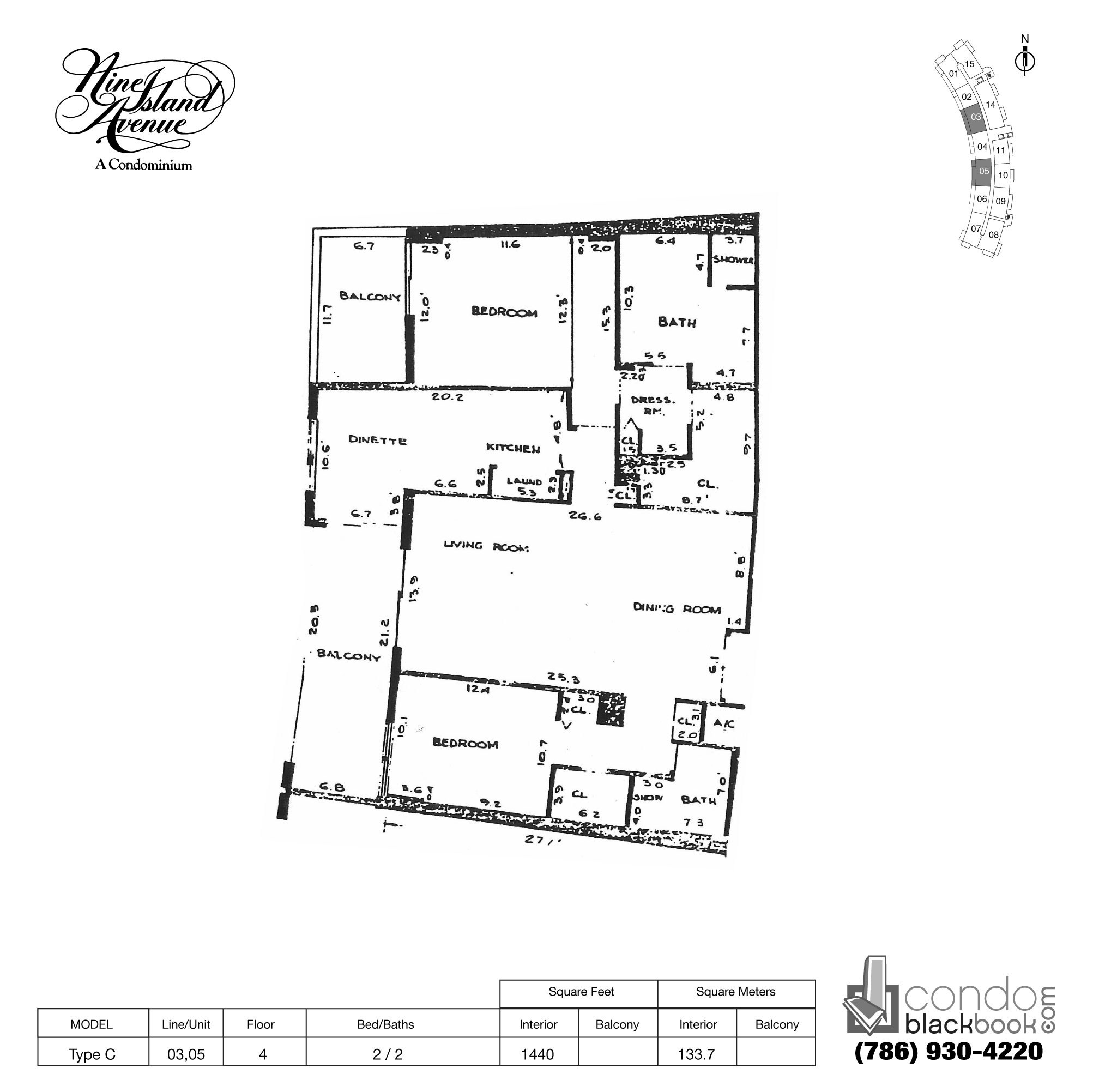 Floor plan for Nine Island Avenue Venetian Islands Miami Beach, model Type C, line 03,05, 2 / 2 bedrooms, 1440 sq ft