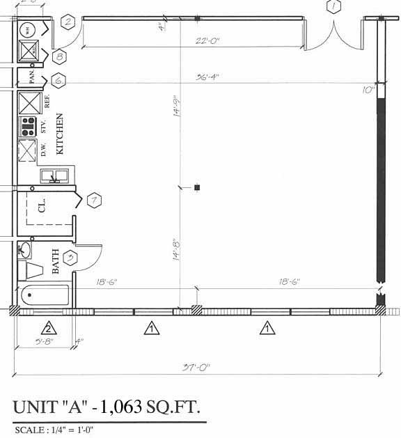 Floor plan for Wynwood Lofts Wynwood Miami, model A, line 03,04,06,08,09,10,11, 0/1 bedrooms, 1063 sq ft