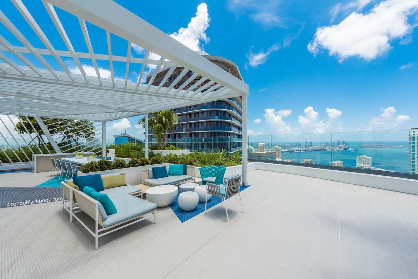 Seating at Rooftop pool deck at Brickell Heights