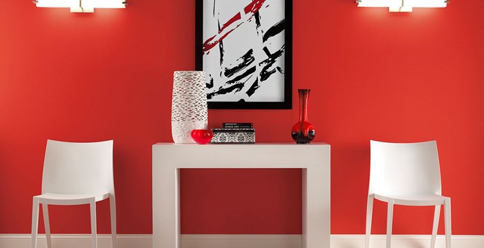 Modern hallway with bright red color and white accents