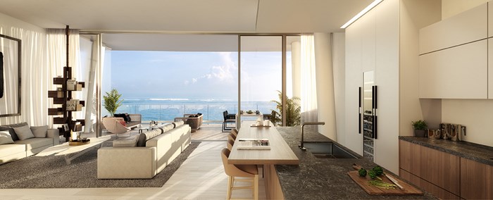 Rendering of the kitchen at Vita Grove Isle Residences